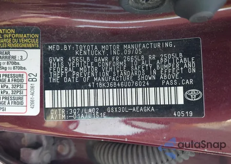 2006 Toyota Avalon Xls z USA, uszkodzony, nr VIN 4T1BK36B46U076024
